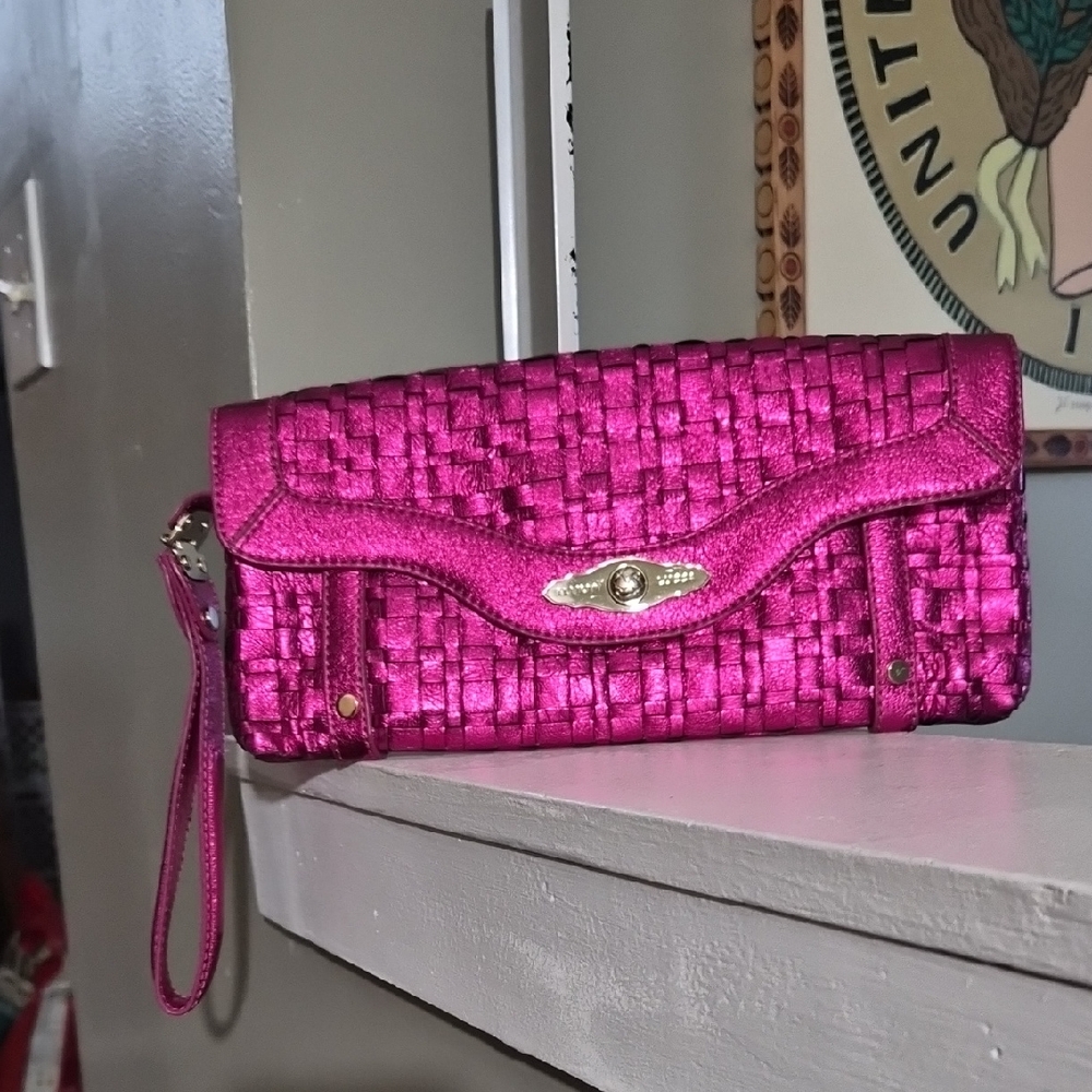 Gorgeous Pink Metallic Genuine Leather, Woven Clutch Bag by Elliott Lucca.